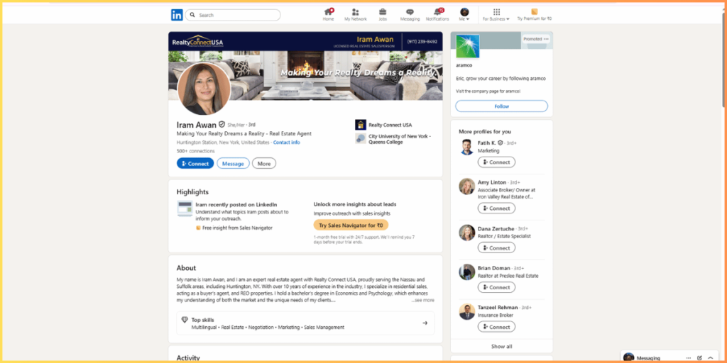 LinkedIn bio of Iram Awan, a real estate agent at Realty Connect USA, featuring her photo, experience, and contact info.