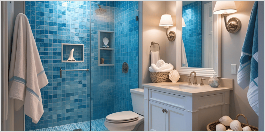 Spa-like bathroom with blue tiled shower, white vanity, and shell decor, featuring soft lighting and towels.