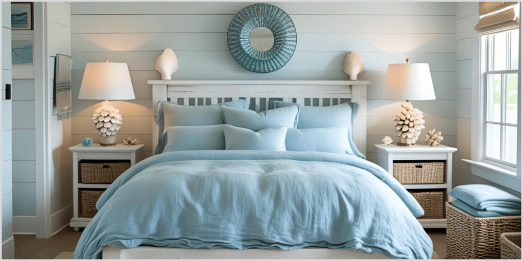 Serene bedroom with a blue bed, white furniture, and soft lighting, featuring seashell decor and woven baskets.