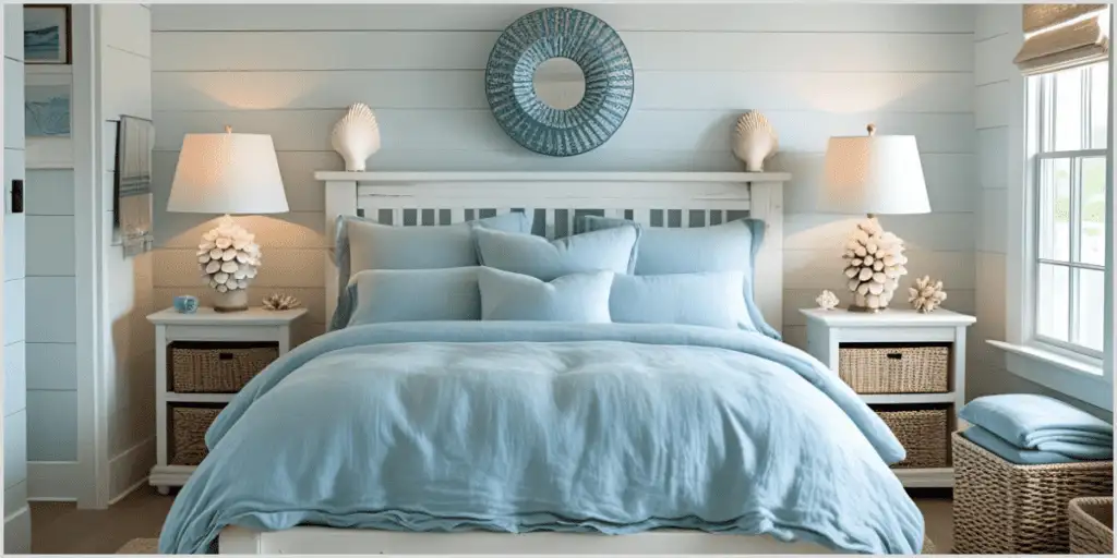 Serene bedroom with a blue bed, white furniture, and soft lighting, featuring seashell decor and woven baskets.