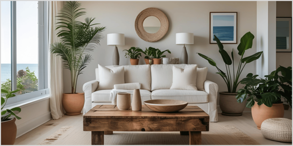 Sustainable living room with a white sofa, wooden coffee table, and lush potted plants near large windows.