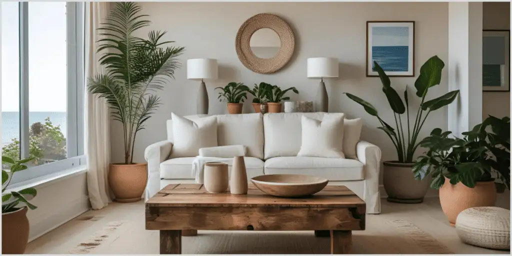 Sustainable living room with a white sofa, wooden coffee table, and lush potted plants near large windows.