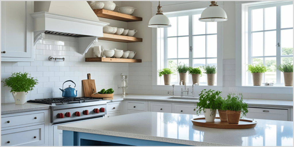 Functional kitchen with white cabinets, blue island, open shelving, and fresh herbs on the counter.