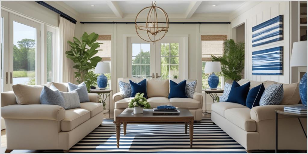Cozy living room with beige sofas, blue pillows, a striped rug, and a chandelier, surrounded by plants and large windows.