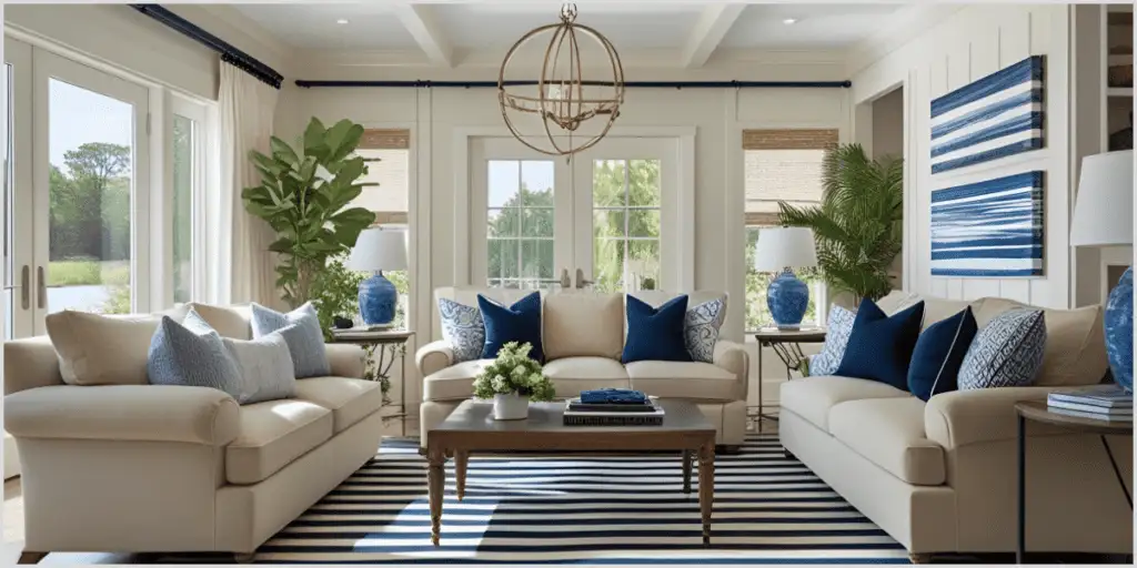Cozy living room with beige sofas, blue pillows, a striped rug, and a chandelier, surrounded by plants and large windows.