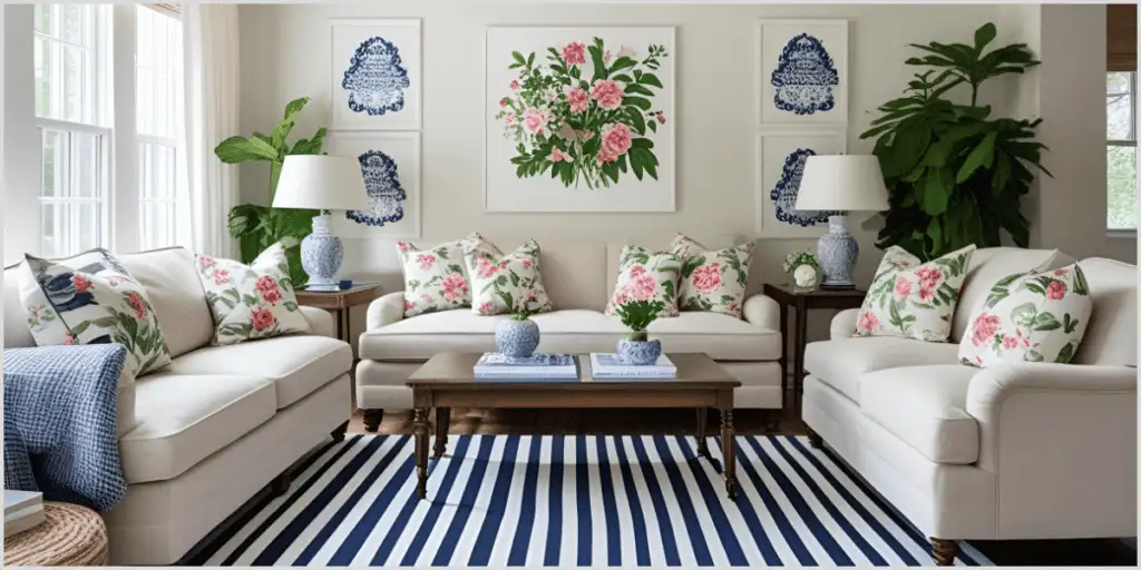 Cozy living room with beige sofas, floral and blue patterned pillows, and a striped rug.