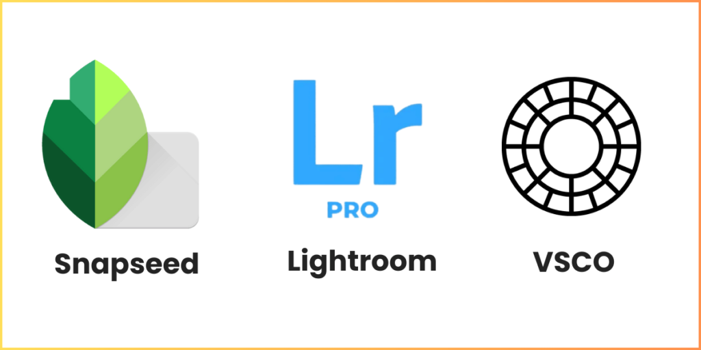 Logos of Snapseed, Lightroom, and VSCO apps used for photo perspective correction.