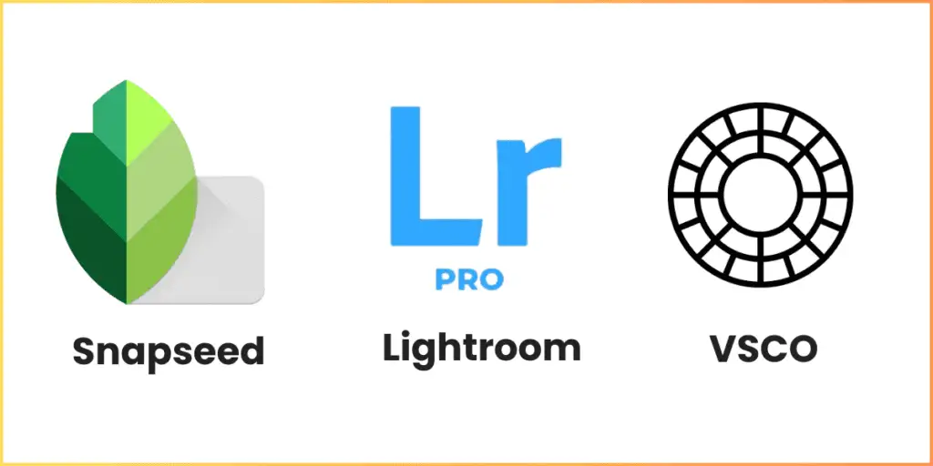 Logos of Snapseed, Lightroom, and VSCO apps used for photo perspective correction.