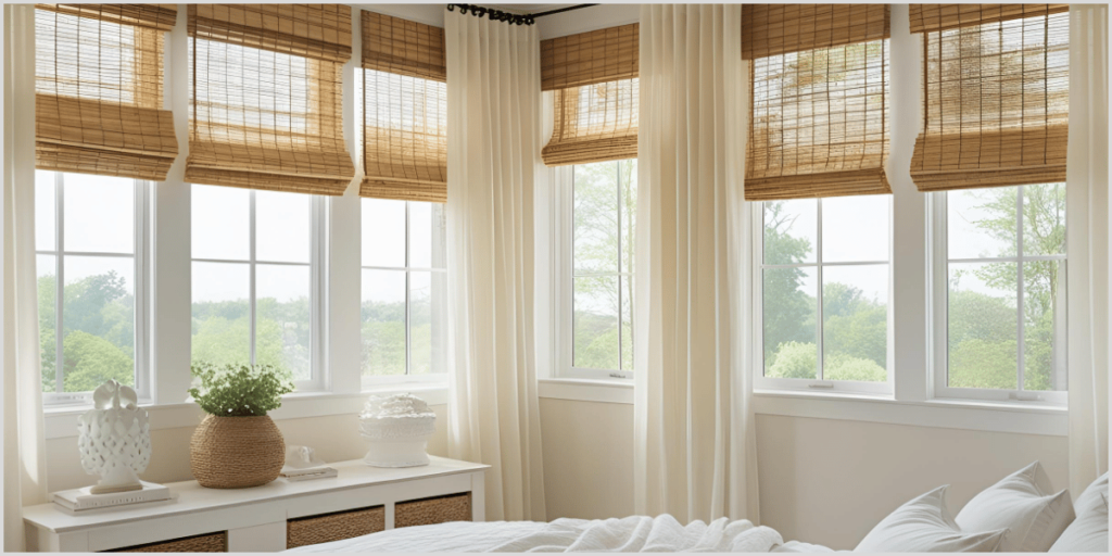 Bright bedroom with light woven blinds and sheer curtains over large windows, featuring a bed and potted plant.