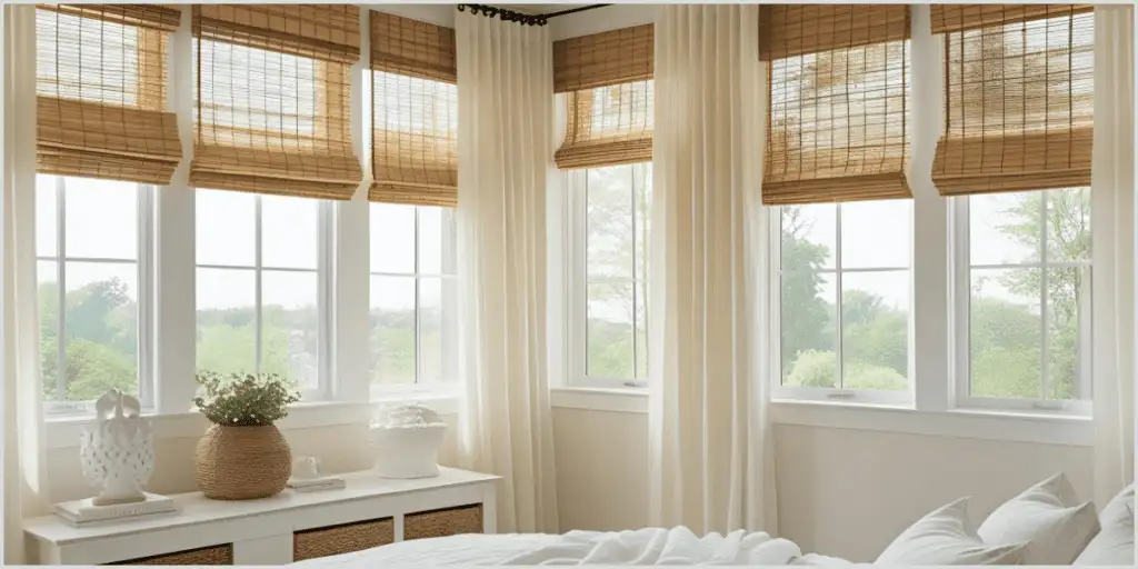 Bright bedroom with light woven blinds and sheer curtains over large windows, featuring a bed and potted plant.