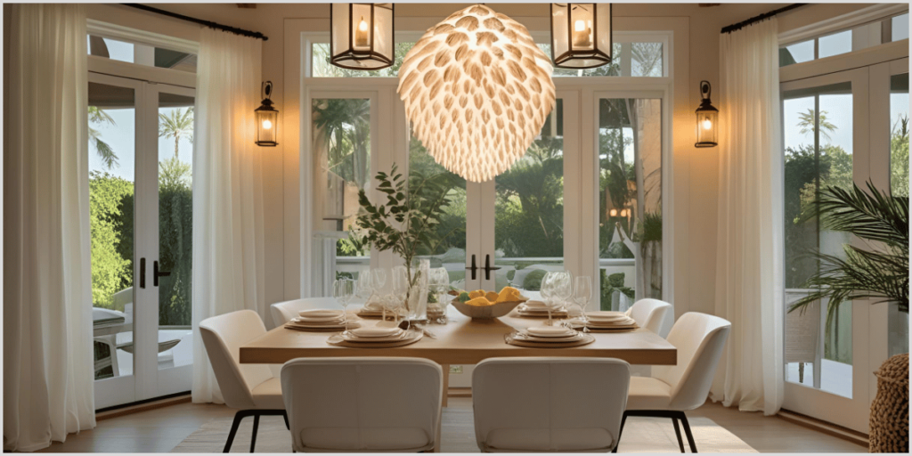 Coastal dining room with beachy pendant lights, a wooden table, and large windows overlooking greenery.
