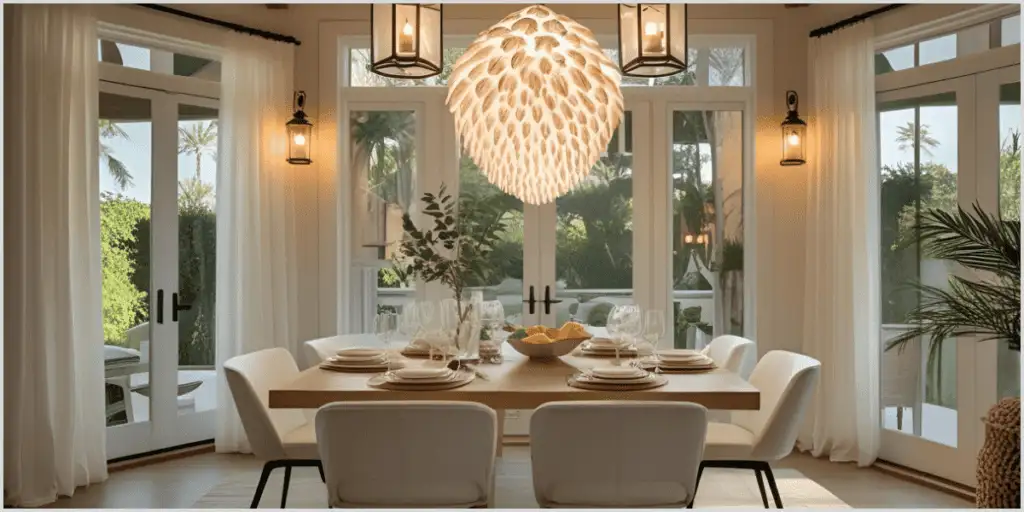 Coastal dining room with beachy pendant lights, a wooden table, and large windows overlooking greenery.