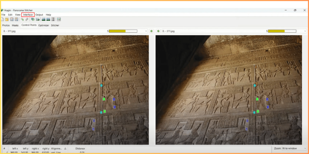 Hugin Panorama Stitcher interface showing two images with control points added for alignment in perspective correction.