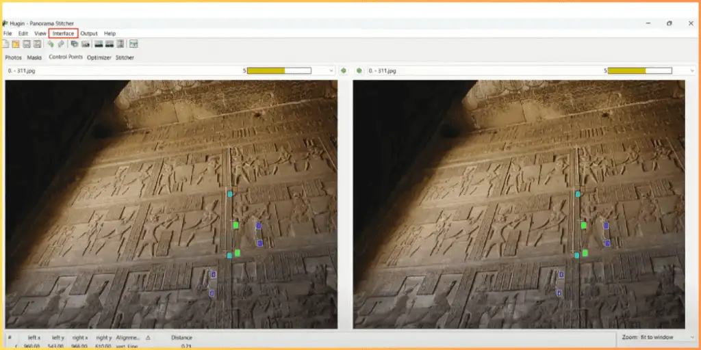 Hugin Panorama Stitcher interface showing two images with control points added for alignment in perspective correction.