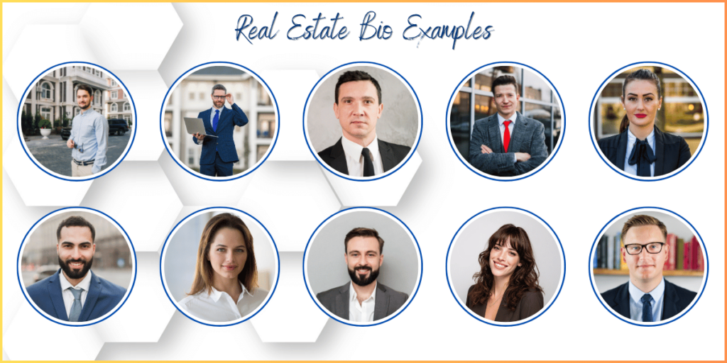 Collage of headshots of nine professional real estate agents arranged in a hexagonal pattern.