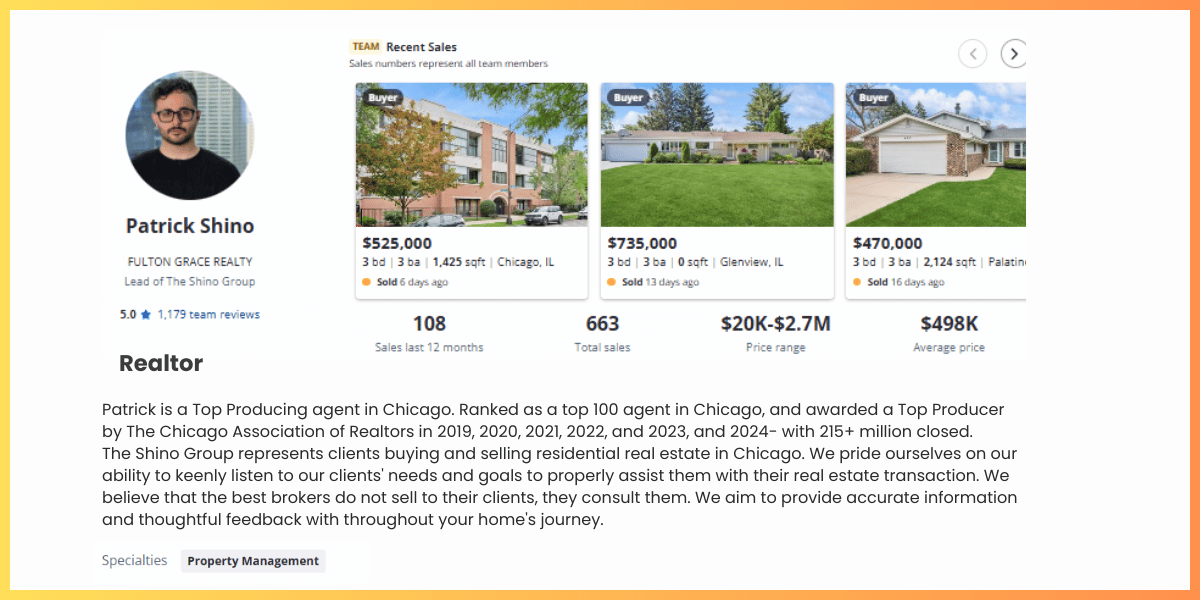 Image of Patrick Shino, a top-producing real estate agent, with photos of properties for sale and his bio highlighting his achievements and services.