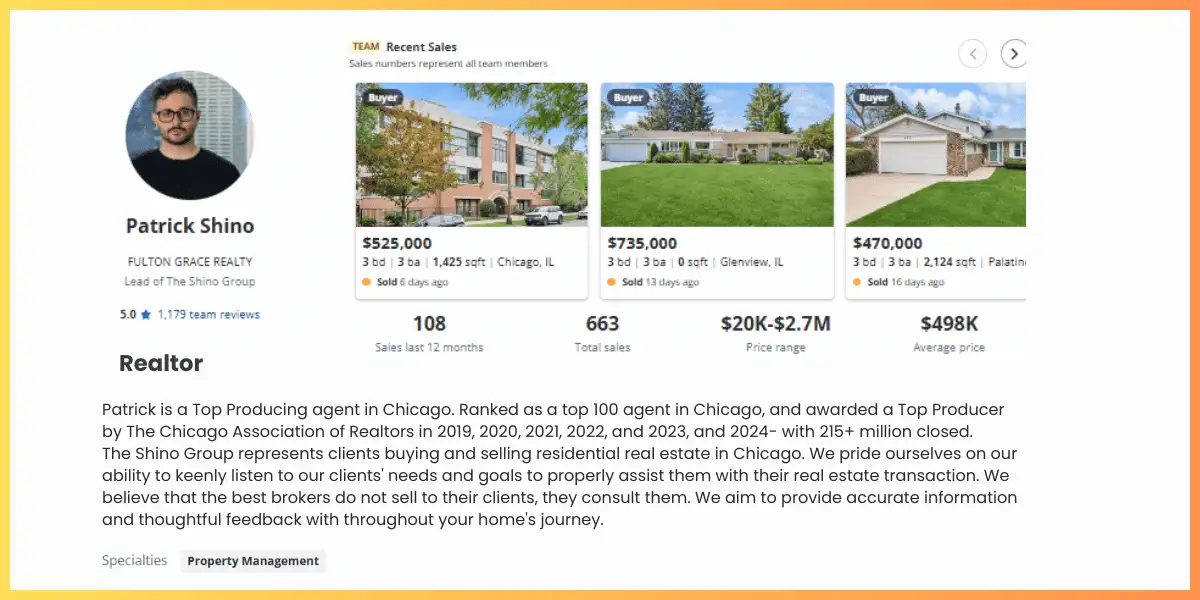 Image of Patrick Shino, a top-producing real estate agent, with photos of properties for sale and his bio highlighting his achievements and services.