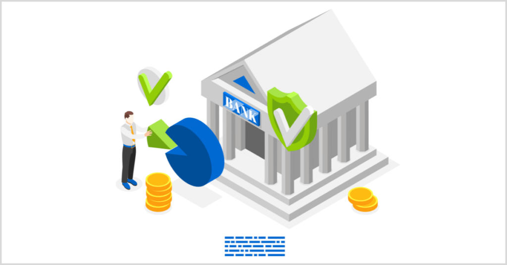 A person with a pie chart near a bank building with coins and checkmarks, illustrating open house ideas.