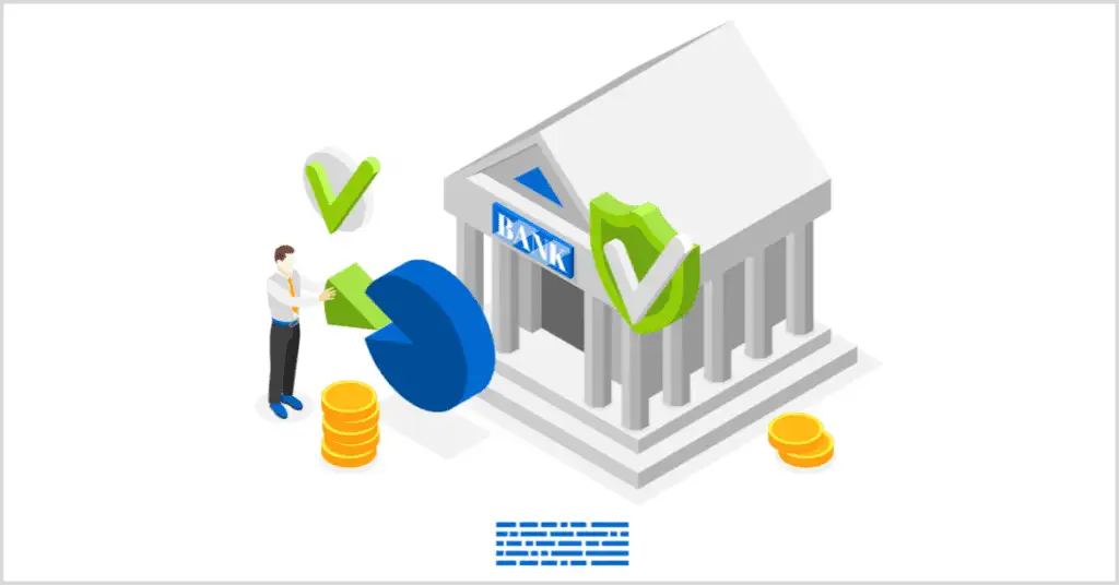 A person with a pie chart near a bank building with coins and checkmarks, illustrating open house ideas.