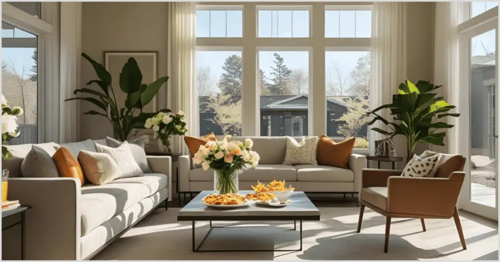 A beautifully staged living room with sofas, cushions, flowers, and snacks, showcasing open house ideas.