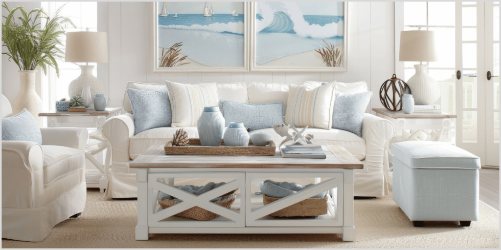Bright living room with coastal interior design featuring ocean-inspired blue and white decor, including a sofa, chairs, and sea-themed artwork.