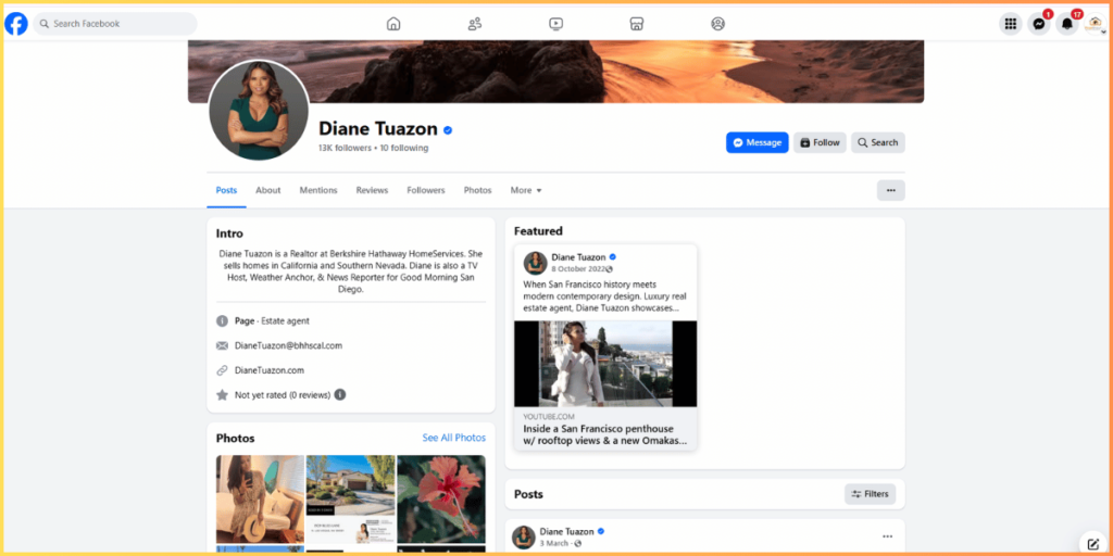 Facebook bio of Diane Tuazon, a real estate agent at Berkshire Hathaway Home Services, with photo, contact, and featured posts.