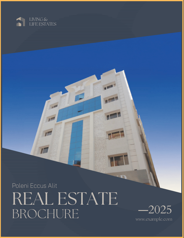 A sleek real estate print marketing brochure cover for 2025 featuring a modern building, branded as "Living & Life Estates," with the title "Real Estate Brochure" and website link.