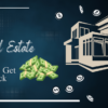 A sleek graphic promoting real estate investment with a modern house outline, flying dollar signs, a stack of cash, and a hand gesture for success, all on a dark blue background with glowing accents. real estate investing image