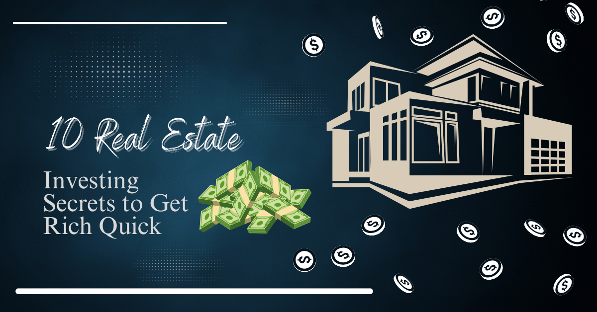 A sleek graphic promoting real estate investment with a modern house outline, flying dollar signs, a stack of cash, and a hand gesture for success, all on a dark blue background with glowing accents. real estate investing image