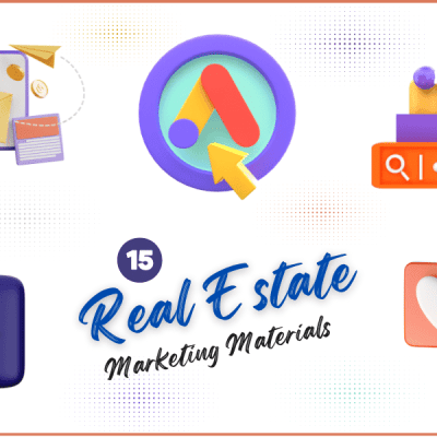 Colorful 3D icons representing real estate marketing materials like ads, web, social media, and email.