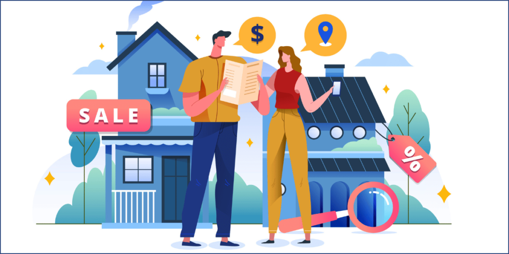 Illustrated scene of a man and woman standing in front of a blue house for sale, reviewing documents together, with speech bubbles showing dollar signs and a location pin, surrounded by sale signs, percentage tags, a magnifying glass, trees, and sparkling accents on a light background.
