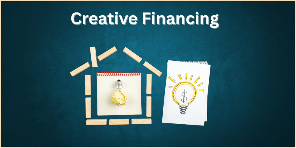 Abstract illustration on a teal background featuring a house frame built from wooden blocks, a red notebook with a golden light bulb inside, and a separate white paper with a hand-drawn yellow light bulb containing a dollar sign, symbolizing innovative ideas for real estate funding.