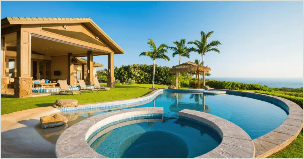 Luxurious house with a curved pool, hot tub, palm trees, and ocean view.