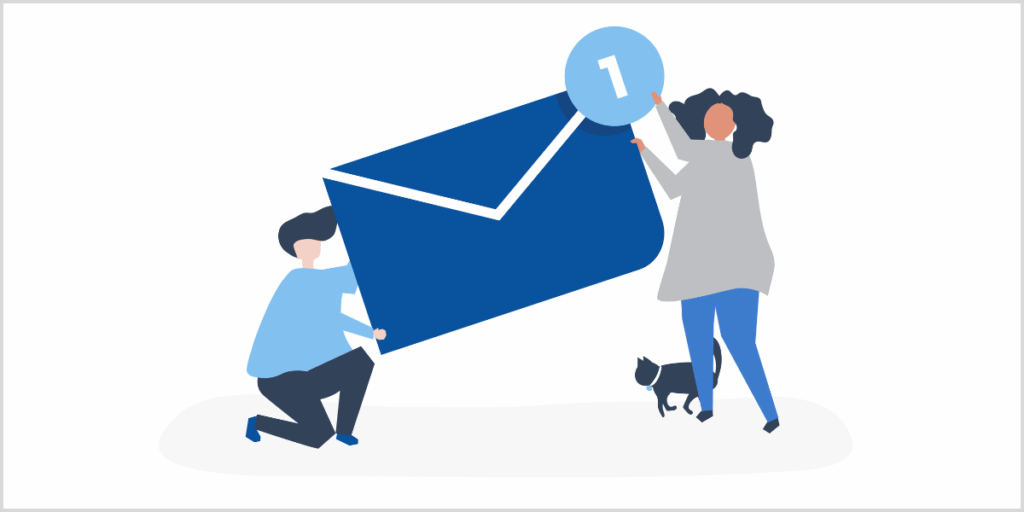 Illustration of people holding a large email icon for open house follow-up.