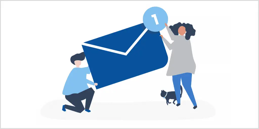 Illustration of people holding a large email icon for open house follow-up.