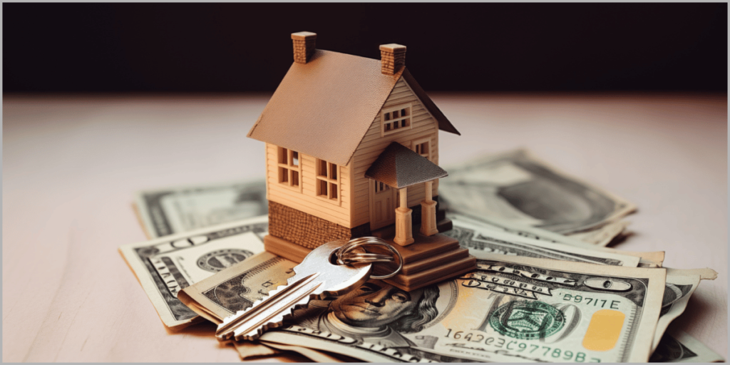 A small wooden house model with a key on top of U.S. dollar bills, symbolizing real estate and home buying.