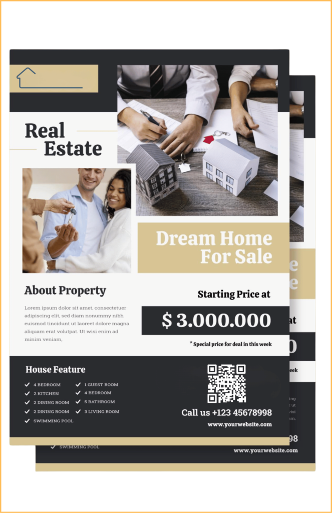A striking real estate print marketing flyer featuring a couple with keys, house models, and details of a dream home for sale starting at $3,000,000, with house features and a QR code.
