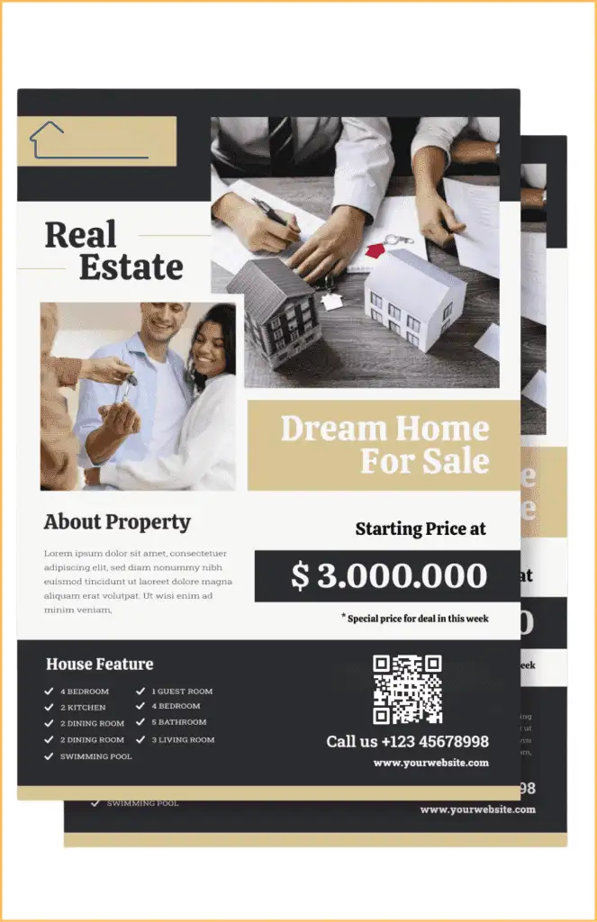 A striking real estate print marketing flyer featuring a couple with keys, house models, and details of a dream home for sale starting at $3,000,000, with house features and a QR code.