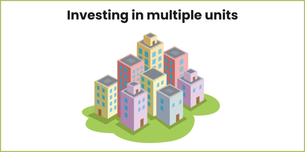 A group of colorful building models on a green base with "Investing in multiple units" text, representing Real Estate Investing.