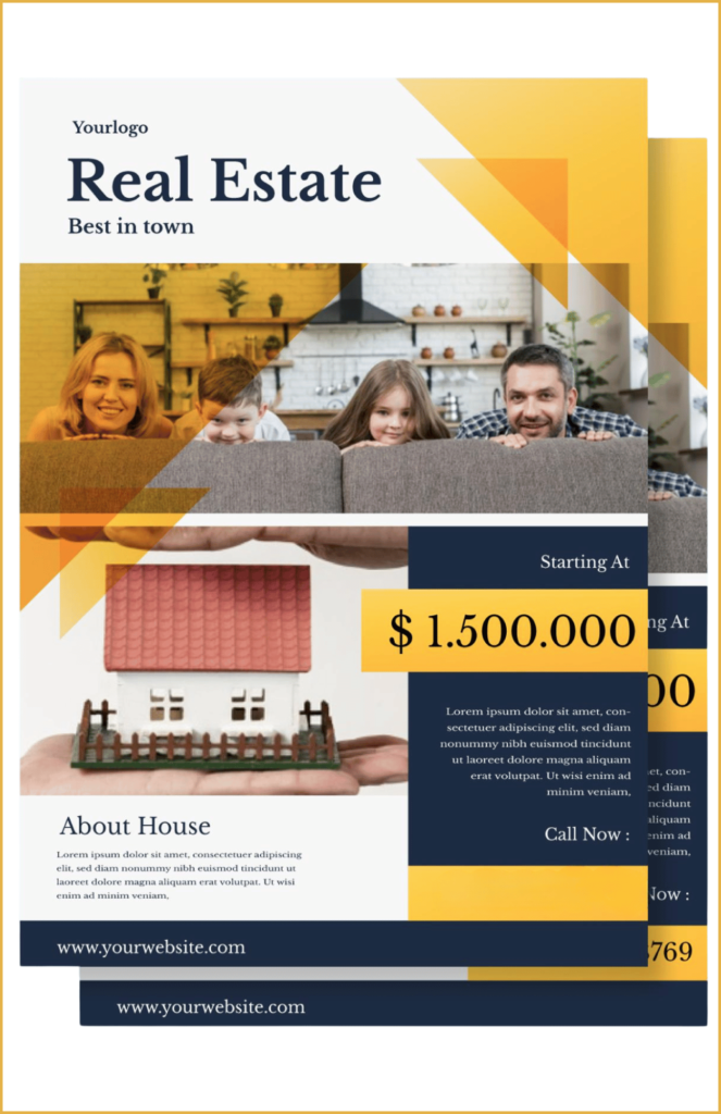 A colorful real estate print marketing flyer featuring a happy family, a house model, and details starting at $1,500,000, with a "Call Now" option and website link.