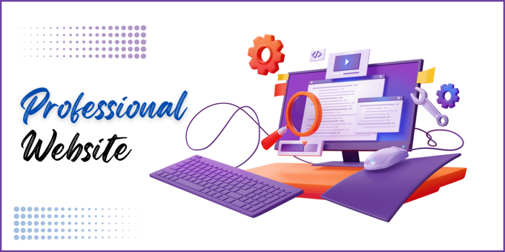 3D illustration of a computer with keyboard, mouse, and icons like a magnifying glass and gears.