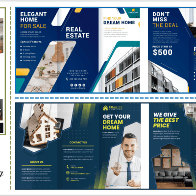 A vibrant real estate print marketing brochure featuring multiple panels with images of modern homes, pricing details ($404,800 and $1,500,00), and promotional text like "Elegant Home for Sale" and "Get Your Dream Home.
