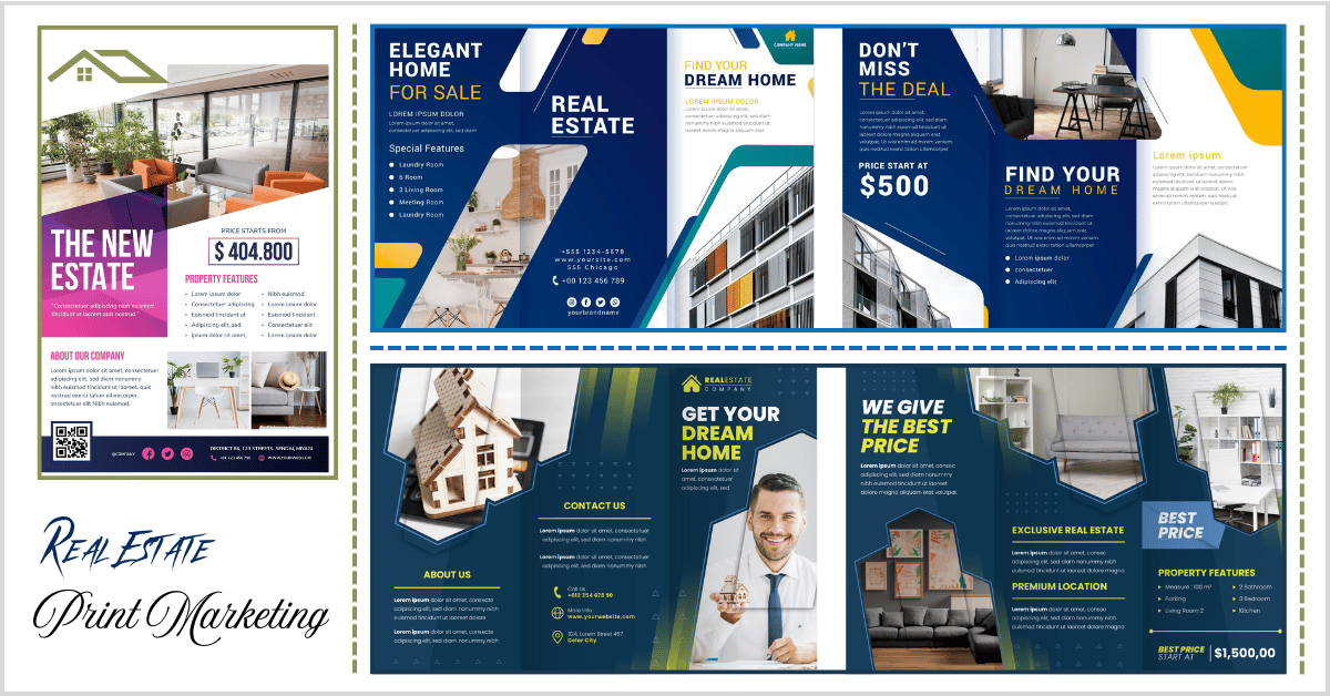 A vibrant real estate print marketing brochure featuring multiple panels with images of modern homes, pricing details ($404,800 and $1,500,00), and promotional text like "Elegant Home for Sale" and "Get Your Dream Home.