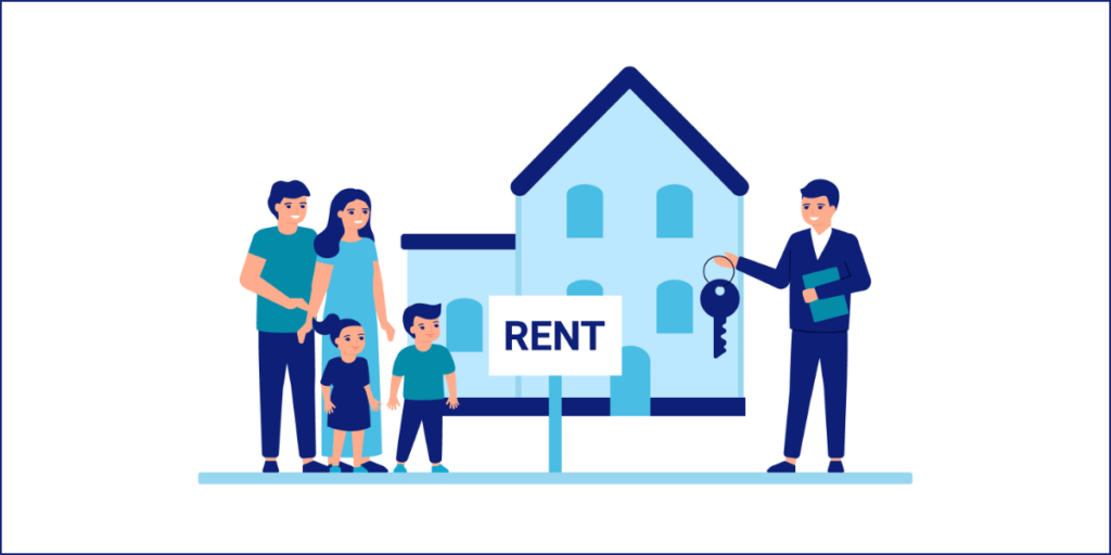 A family standing in front of a house with a "RENT" sign, receiving keys from a realtor, symbolizing Real Estate Investing.