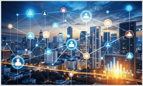 A vibrant cityscape at dusk with interconnected nodes and icons representing people, symbolizing a network of real estate professionals collaborating and building connections.