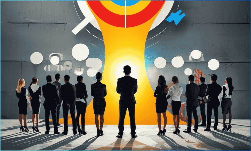 Business professionals standing in a semi-circle, facing a glowing target with a funnel of light, symbolizing focused advertising success.
