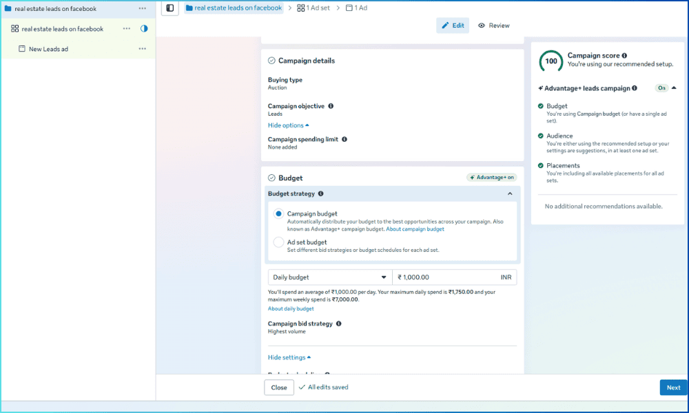 Screenshot of Facebook Ads Manager showing the campaign creation interface with "Campaign Details," "Budget," and "Ad Set" sections, highlighting campaign type selection.