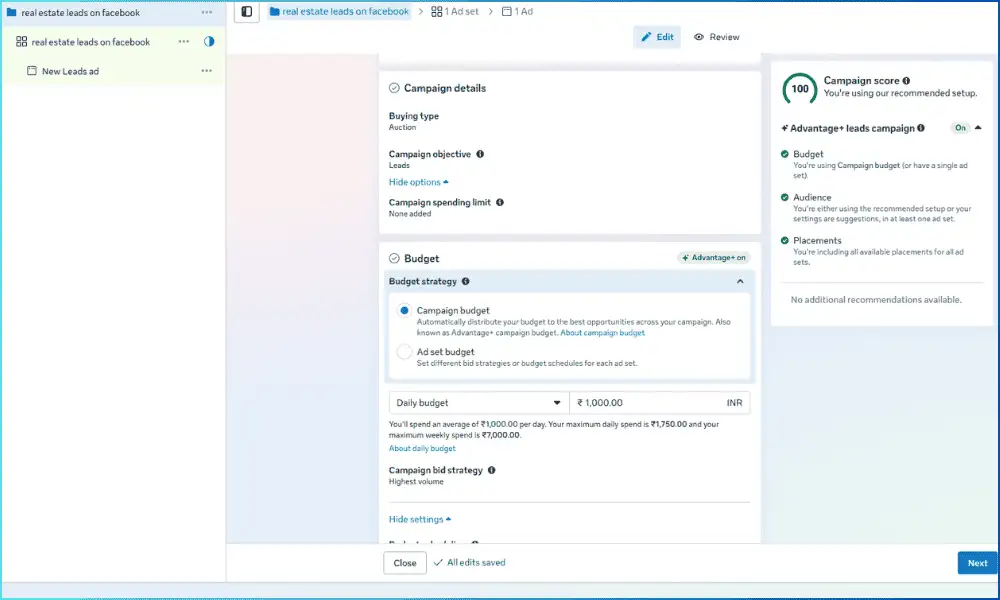 Screenshot of Facebook Ads Manager showing the campaign creation interface with "Campaign Details," "Budget," and "Ad Set" sections, highlighting campaign type selection.