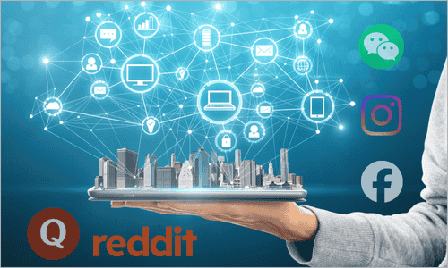 A hand holding a tablet displaying a city skyline with interconnected digital icons and social media logos like Reddit, Facebook, Instagram, and WeChat, representing online networking in real estate.