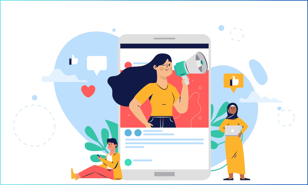 Illustration of a diverse group engaging with a vibrant Facebook ad on a smartphone, featuring a woman with a megaphone, likes, and comments, symbolizing attention-grabbing real estate ads.